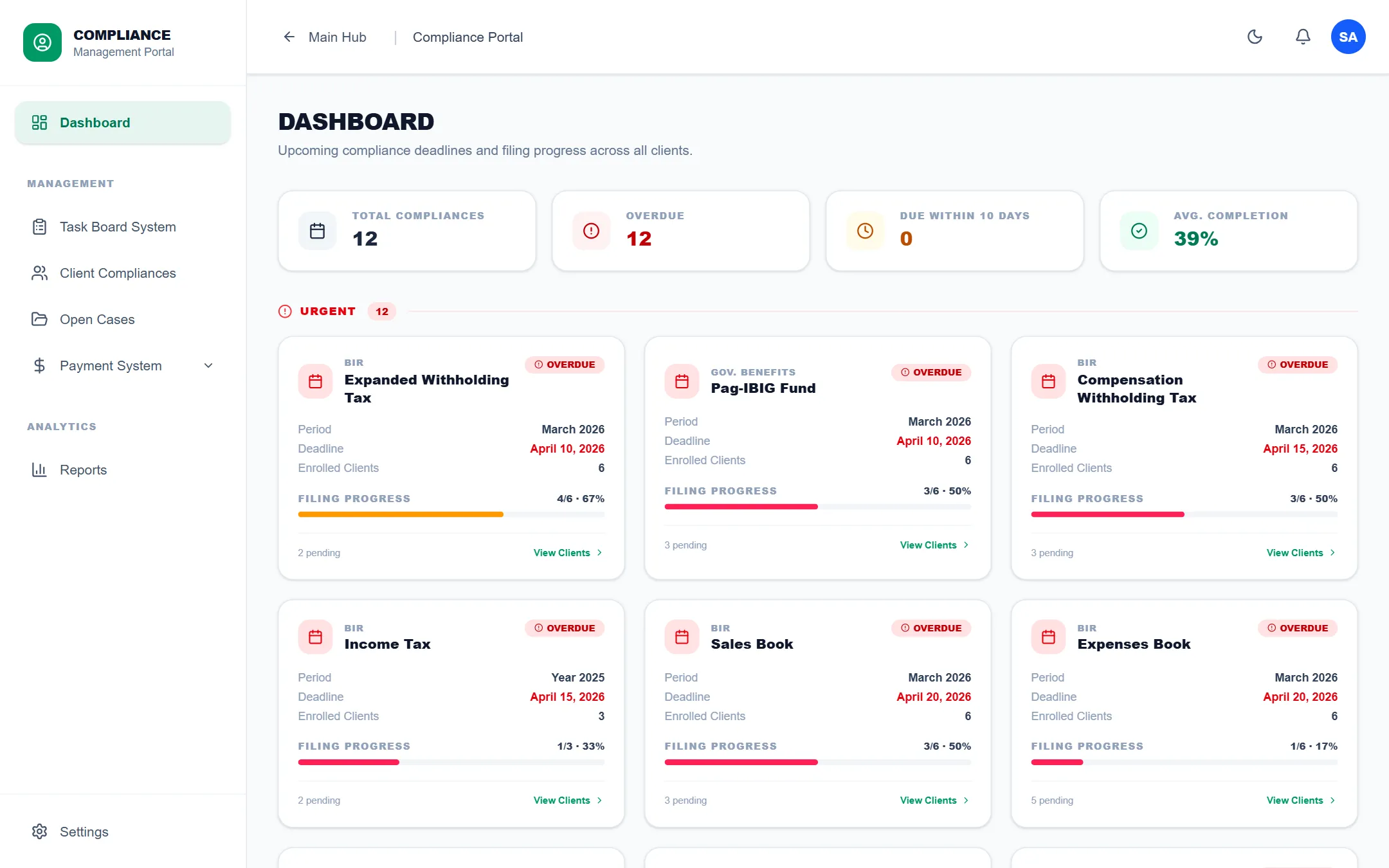 Compliance portal — BIR and government filing deadlines with progress per tax type
