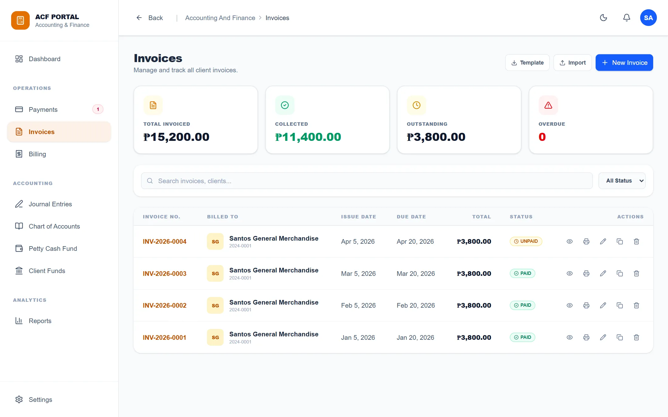 Invoices — auto-numbered billing with status tracking, import and print