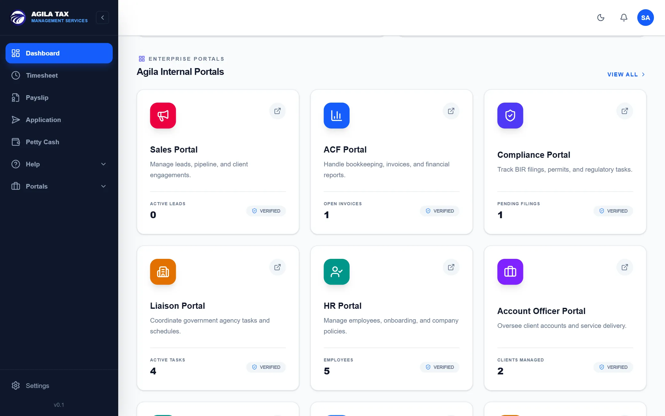 ATMS main dashboard showing all enterprise portals