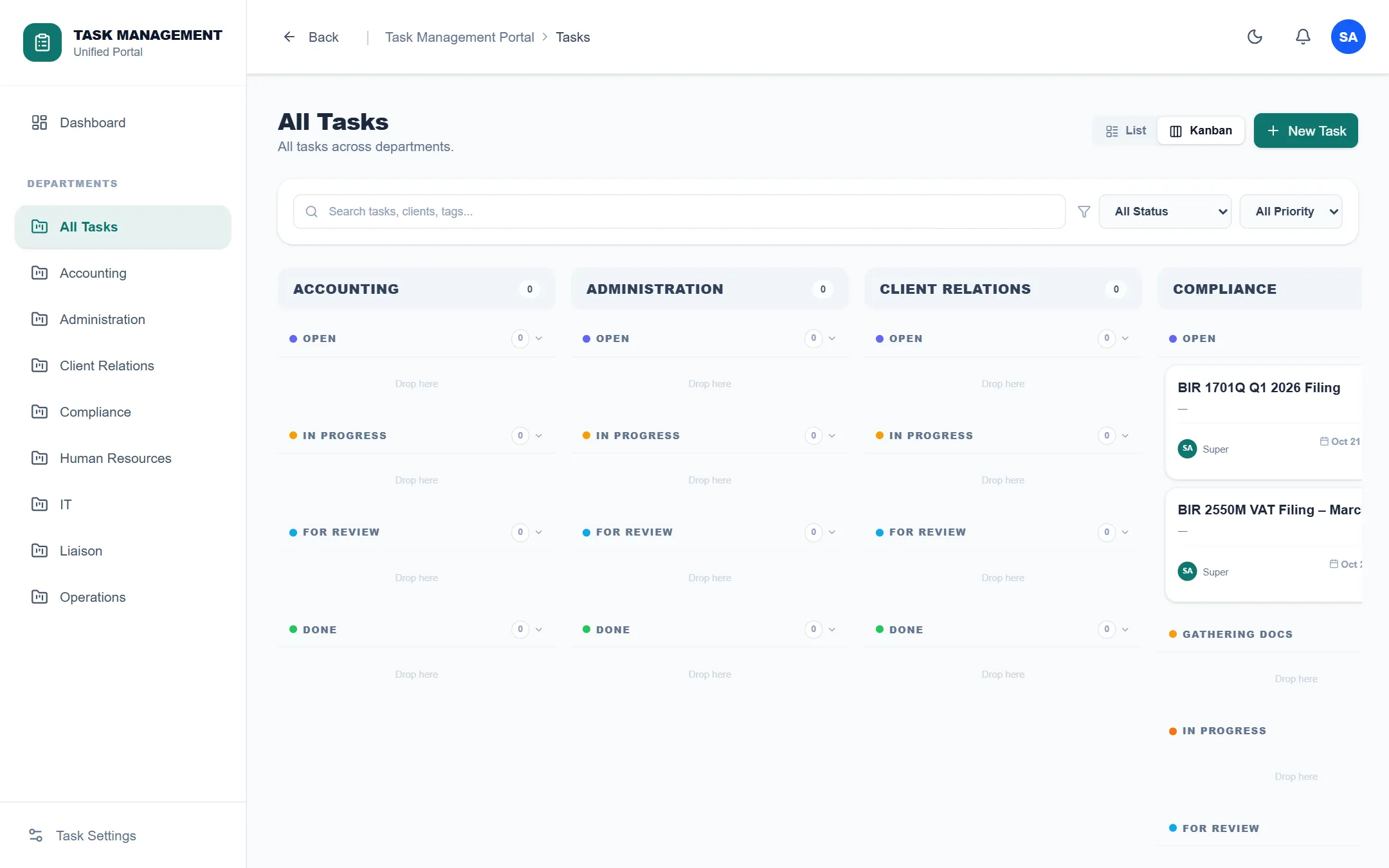 Task management — department kanban boards with routed workflows