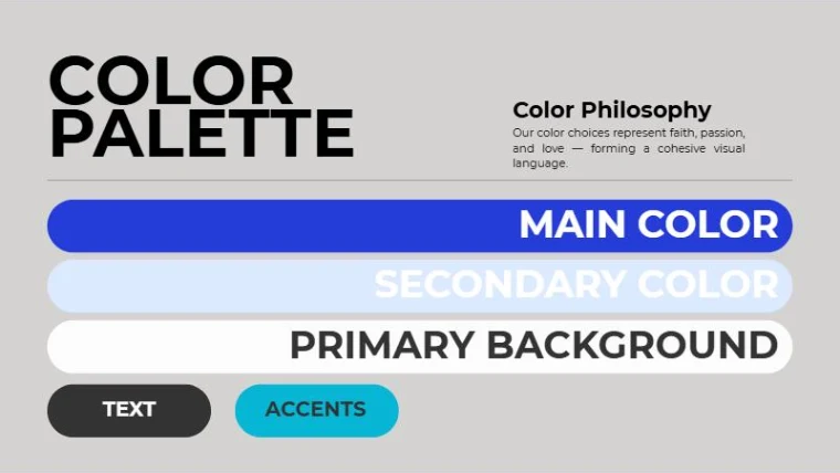 Colour palette page: royal blue, pale blue, white, charcoal and cyan bars