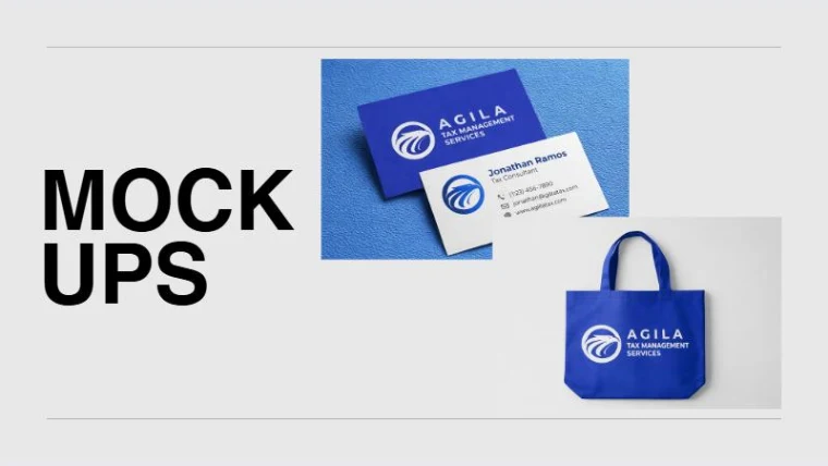 Agila business cards on blue paper beside a blue tote bag