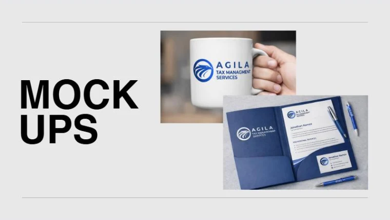 White Agila mug and a navy presentation folder with letterhead