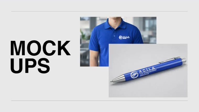 Blue polo shirt and pen with the white Agila logo