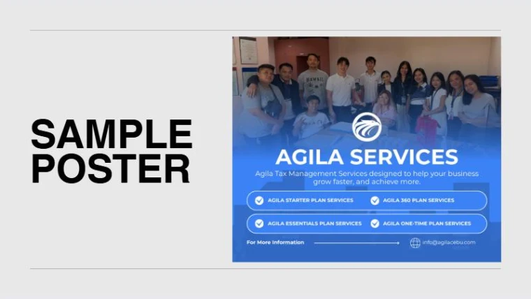 Agila Services poster with the team photo and four service plans