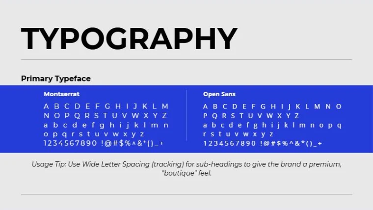 Typography page showing Montserrat and Open Sans on a blue band
