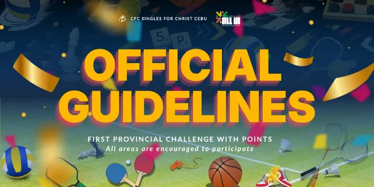 Official Guidelines banner with sports gear and confetti