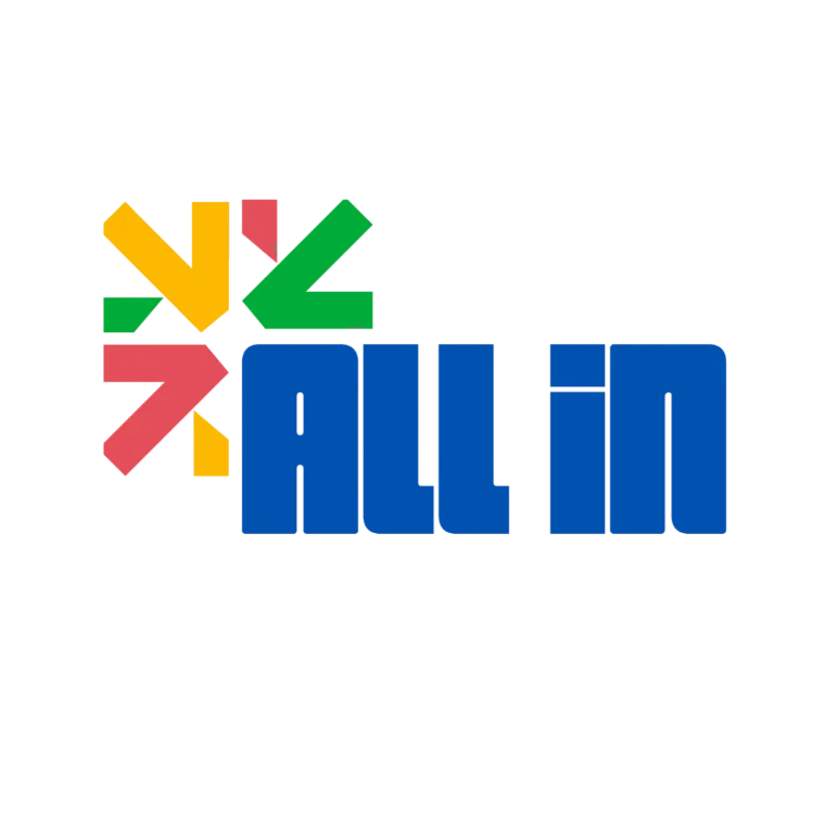 All In logo: blue block letters beside arrows in yellow, green and red