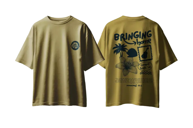 Khaki tee with a campus badge on the front and a Bringing Home print on the back