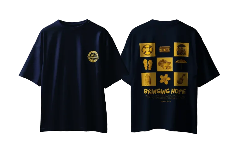 Navy tee with a gold grid of beach icons and Bringing Home on the back