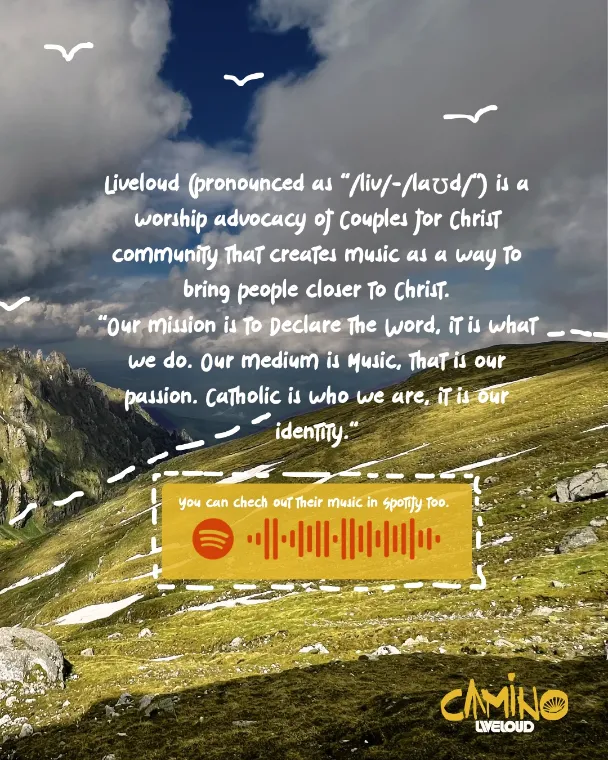 Hand-lettered text about Liveloud over a mountain landscape, with a Spotify code