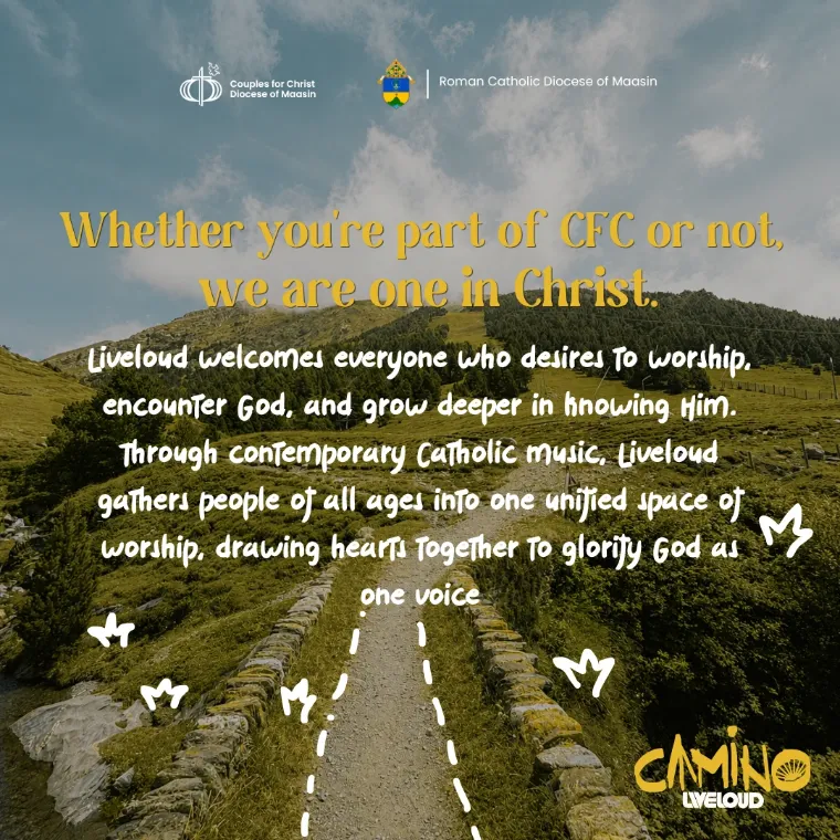 A headline about being one in Christ, over a stone path through green hills