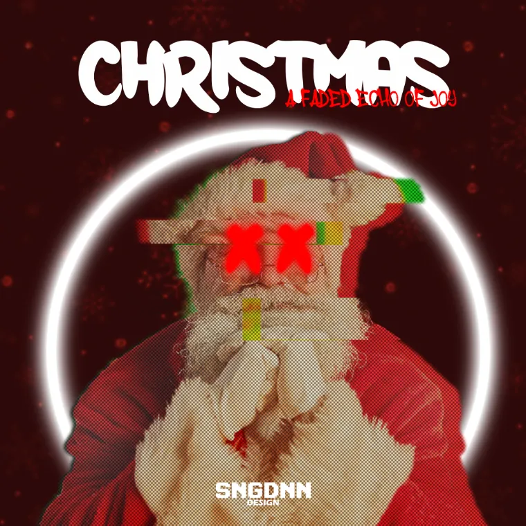 Christmas poster: a pixelated Santa inside a neon ring