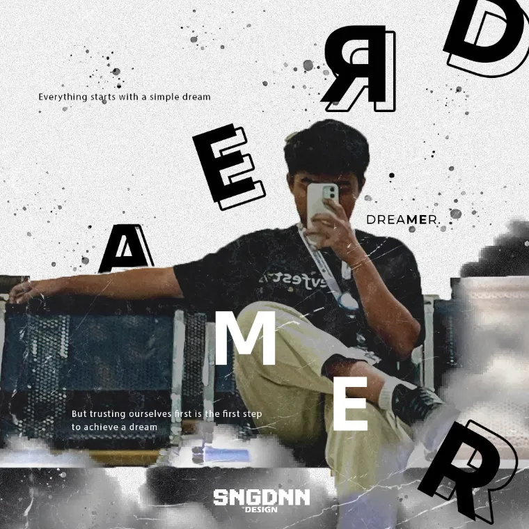 Dreamer poster: a mirror selfie on a bench with scattered block letters
