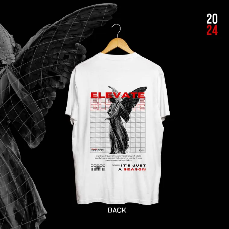 Back of a white tee: an angel statue over a grid with ELEVATE in red