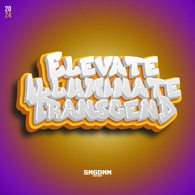 Elevate, Illuminate, Transcend in chrome graffiti type on an orange and purple gradient