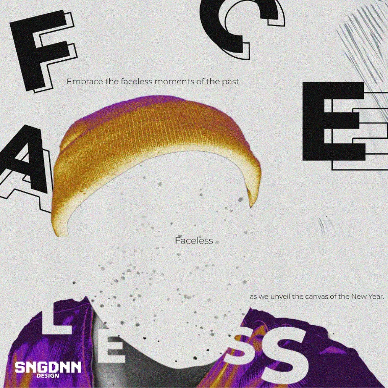 Faceless poster: a beanie floating over a figure dissolving into dust
