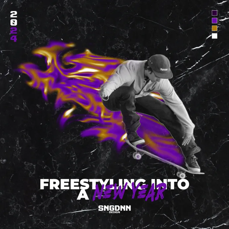 Freestyling into a New Year: a skater mid-trick trailing purple and gold flames