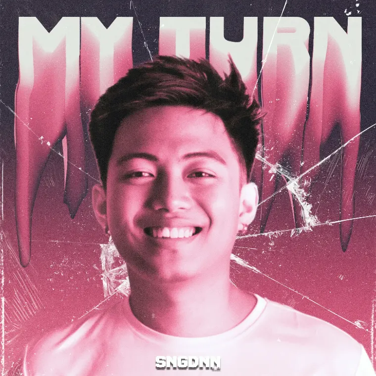 My Turn cover art: a smiling portrait washed in pink under dripping title type and cracked glass