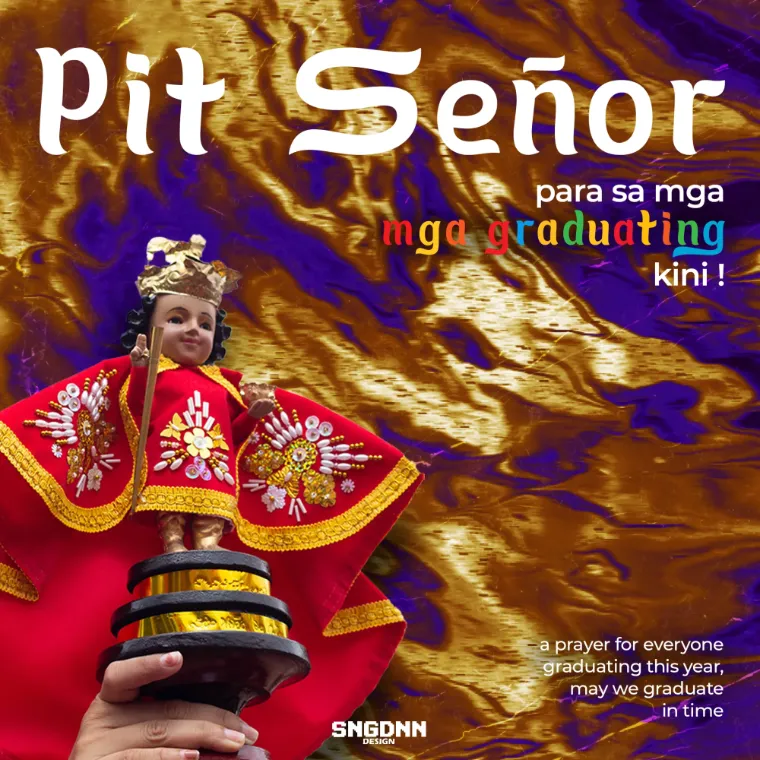 Pit Señor post: a Santo Niño held up against a gold and purple marbled background