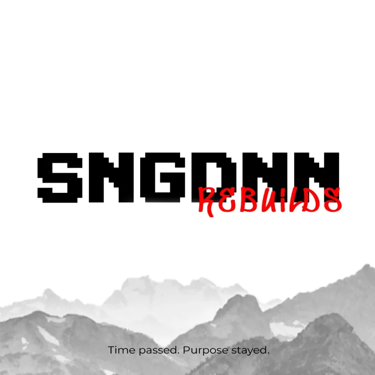 Pixel wordmark with Rebuilds in red script over grey mountains: Time passed. Purpose stayed.
