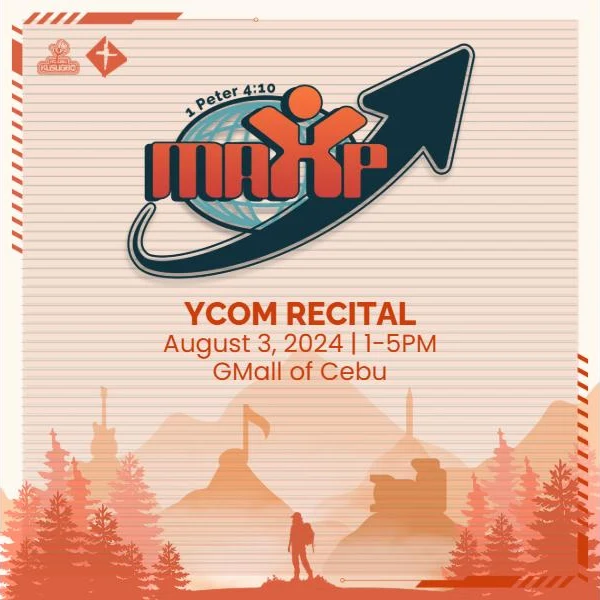 MAXP logo above the recital date, over orange mountains and a hiker