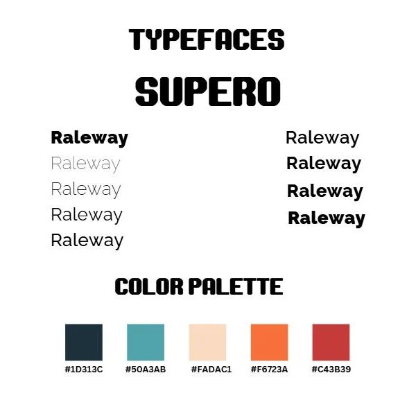 Supero and Raleway type specimens above a five-colour palette