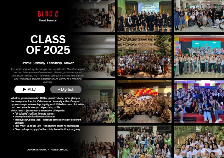 Class of 2025 title page with Play and My list buttons beside a grid of class photos