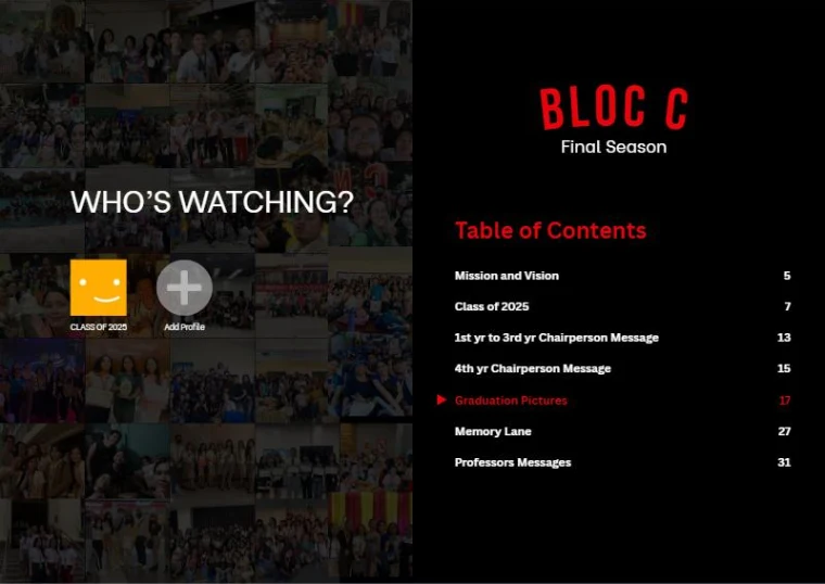 Who's watching profile picker over class photos, beside a red and white table of contents