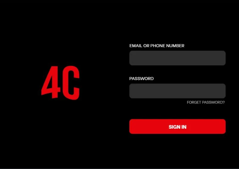 Spread styled as a streaming sign-in screen with a red 4C logo