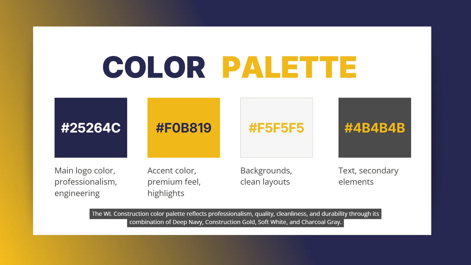 Colour palette: navy for engineering and trust, gold for premium highlights